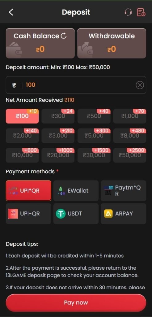 Deposit in 13L Game
